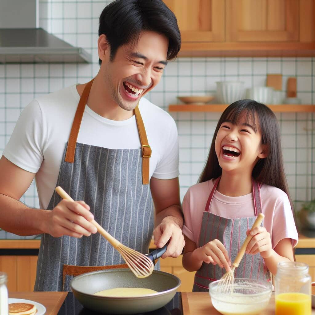 Padre y hija pequeña disfrutando haciendo pancakes juntos 