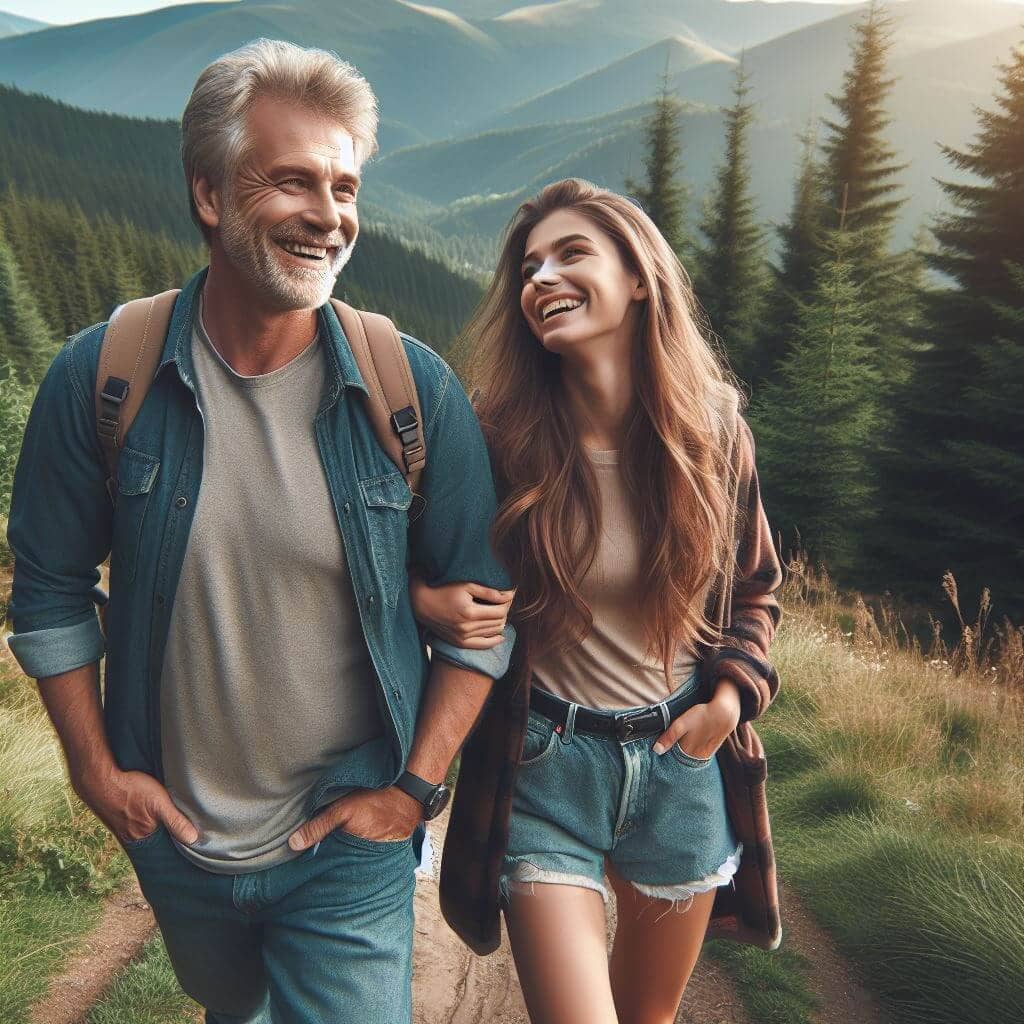 Padre e hija adolescente paseando juntos por la montaña