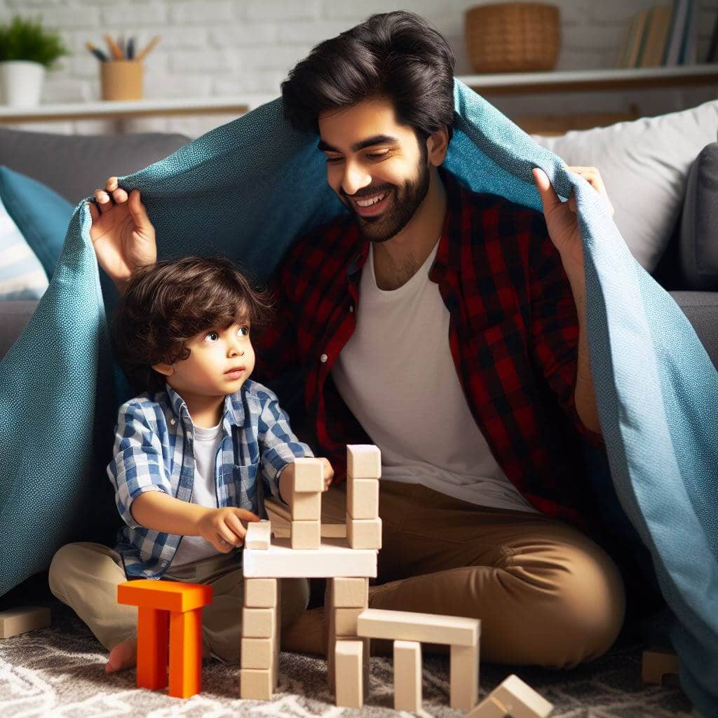 Padre e hijo pequeño  sentados en el suelo jugando con bloques de madera