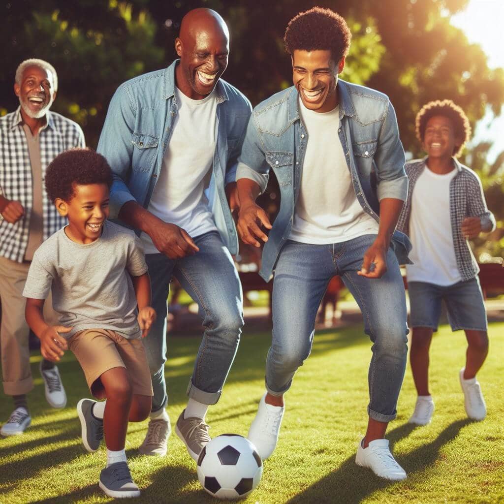 Padres, hijos y nietos jugando al futbol en la naturaleza