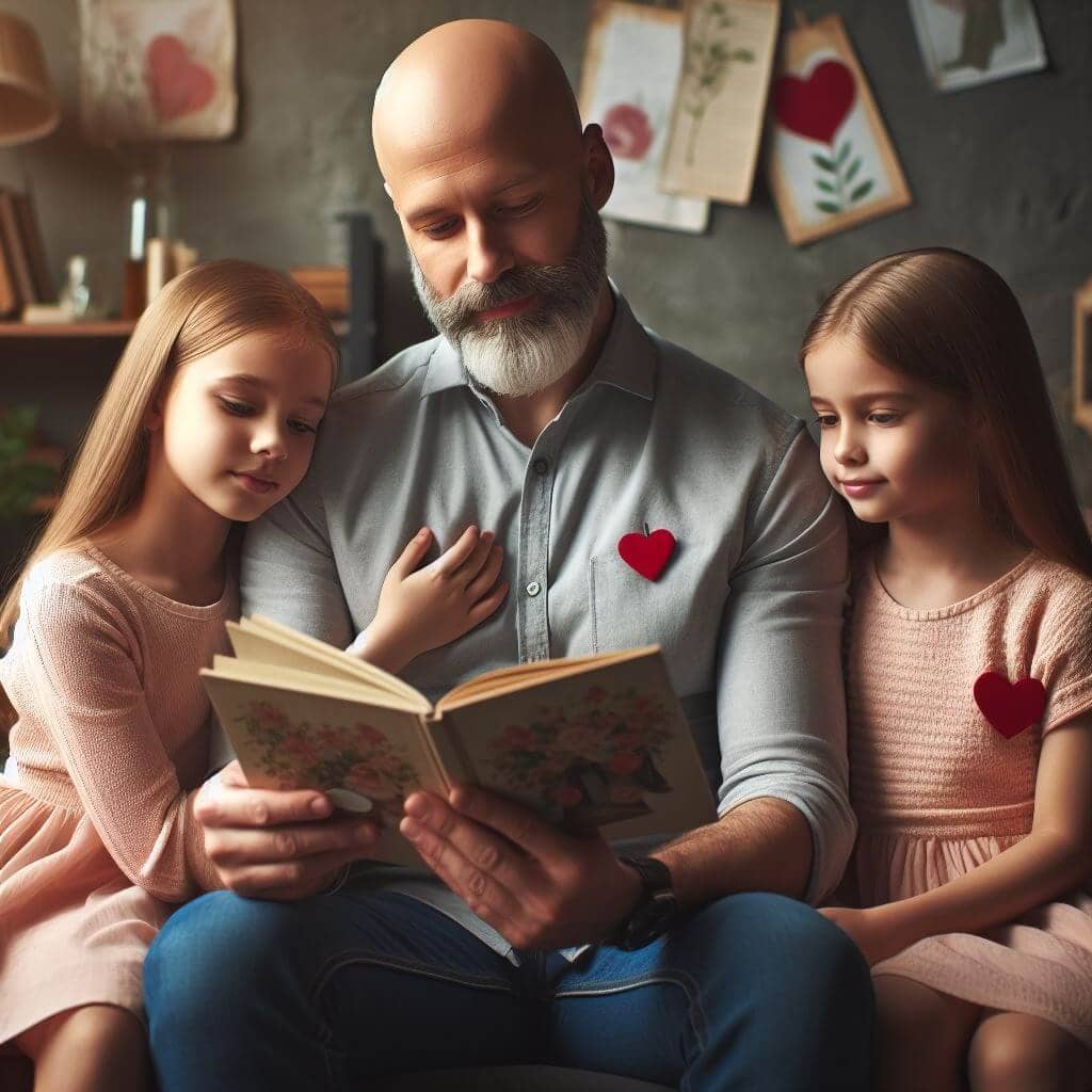 Padre con dos hijas pequeñas leyendo un libro de poemas